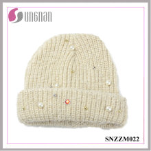 La mejor calidad hecha punto dulce Pearl Diamante Wool Yarn Cap